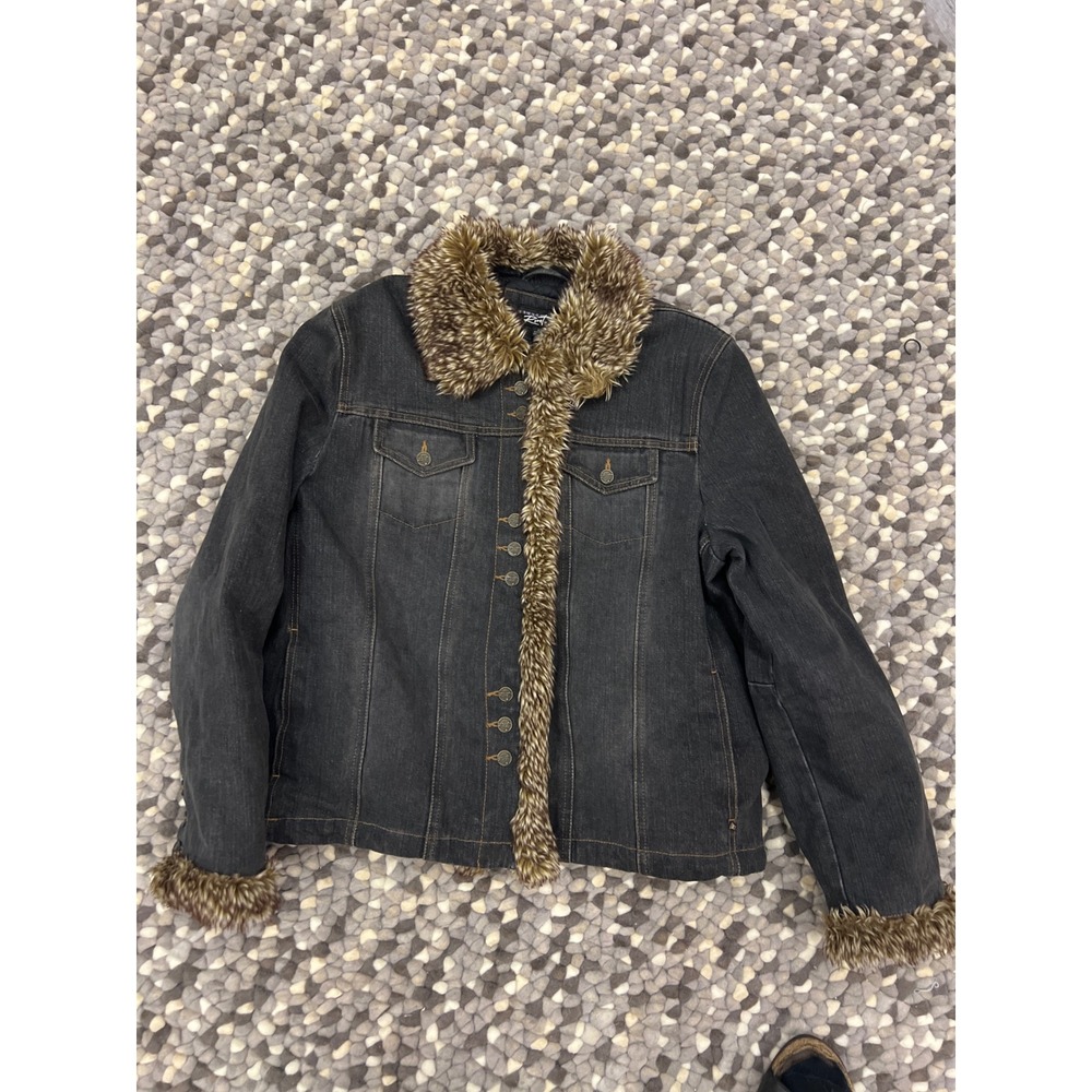 Rivet Ladies Denim Jacket Faux Fur Trim Lined Warm Winter‎ Size XL